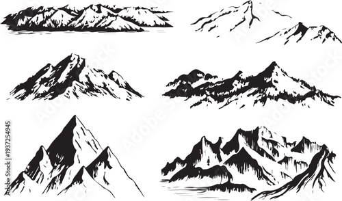 Snowy mountain ranges in black and white with various peaks and slopes