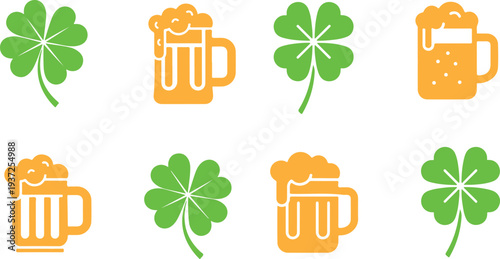 St Patricks Day icons with clover and beer mug illustrations