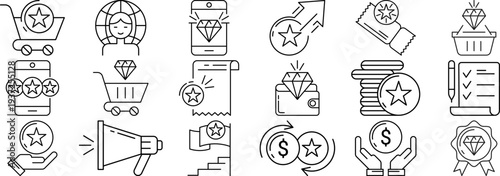 Collection of reward and loyalty program icons featuring stars diamonds and shopping carts for e-commerce and marketing concepts isolated on white background