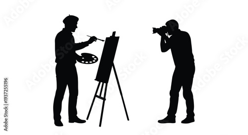 Artist painting and photographer capturing the moment a dramatic silhouette