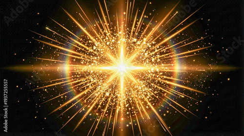 Fotografie Estallido de estrella dorada con destellos brillantes, partículas de luz y rayos radiantes sobre un fondo negro profundo