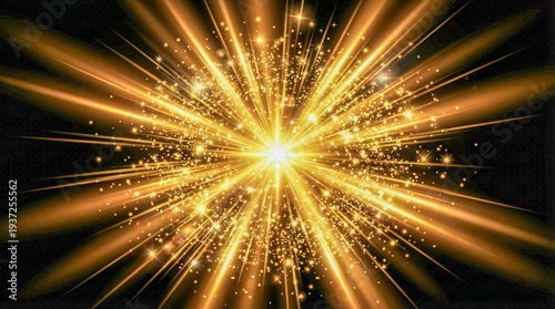 Canvastavla Estallido de estrella dorada con destellos brillantes, partículas de luz y rayos radiantes sobre un fondo negro profundo