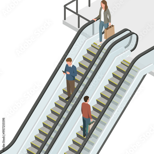 People on escalator isometric illustration