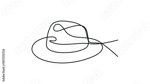 A simple line drawing of a hat with a chin strap
