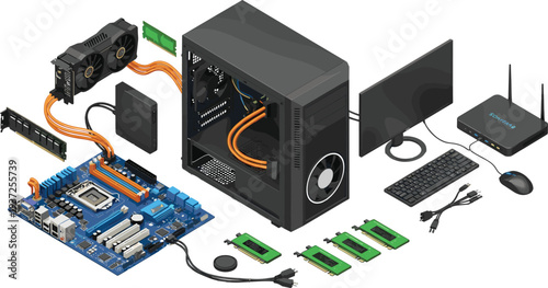 Isometric vector illustration of disassembled personal computer hardware components, motherboard, graphics card, monitor, and peripherals for technical PC building guide