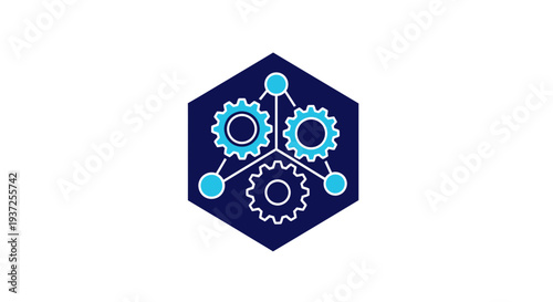Abstract Technical Diagram Depicting Networked Gears and Systems within a Hexagonal Frame