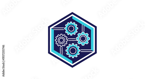 Abstract Technical Engineering Icon Depicting a System of Cogwheel Gears in a Hexagon