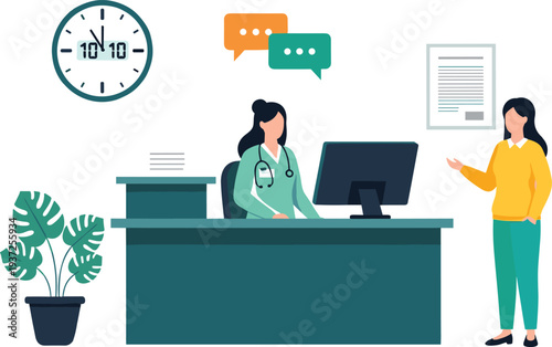 Vector illustration of a female patient talking to a doctor at a hospital reception desk for healthcare, medical appointment, and clinic services