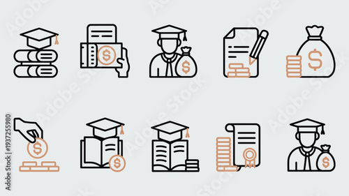 Education and Financial Aid Line Icons Set Featuring Scholarship Student Loan Tuition Grant Funding University Support Symbols for Academic Payment Assistance College Study Vector Collection