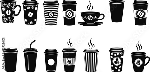 Collection of black coffee cup and mug silhouettes featuring various designs, steam, and takeaway lids for cafe branding and menu
