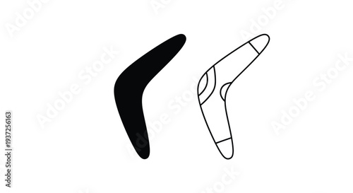 A black boomerang contrasted with a line art version a striking silhouette
