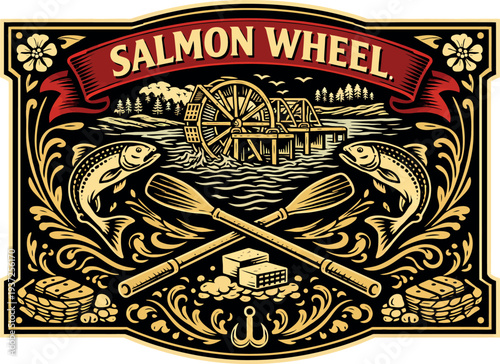 Salmon Wheel River Fishing Vintage Label Vector