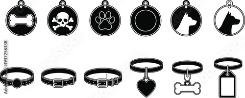 Vector set of pet collar icons, dog ID tags, skull and bone charms, paw print, heart, and blank nameplate designs.