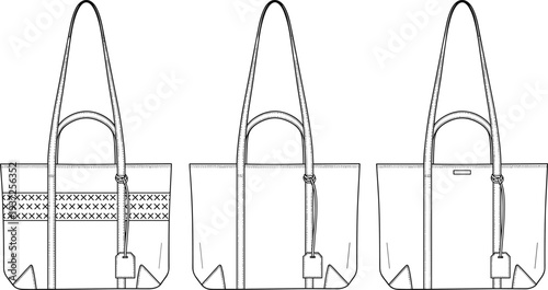 Set of technical fashion sketches of a tote bag featuring cross-stitch embroidery, leather straps, luggage tag, and front view details.
