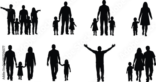 Black vector silhouettes of families with parents and children walking holding hands and standing together isolated on a white background,