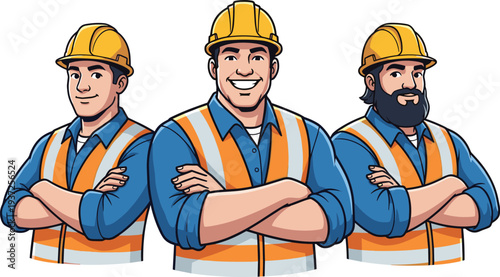 Vector illustration of three friendly construction workers wearing yellow hard hats and orange safety vests with arms crossed for labor,