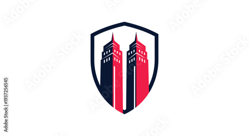 Architectural Design Emblem Showcasing Twin Towers Inside a Shield-Shaped Frame