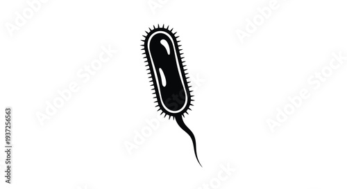 A black silhouette of a bacterium with a flagellum silhouette