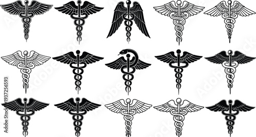 Set of medical caduceus symbols with snakes and wings for healthcare pharmacy medicine doctor hospital and clinical professional logo design