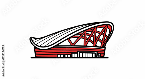 Architectural Illustration: Modern Stadium Design With Striking Red And White Structure