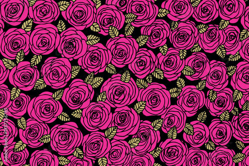 Rose flowers with leaves. Floral hand drawn art ornamental background. Doodle style. Vector illustration. Simple minimalistic nature design.