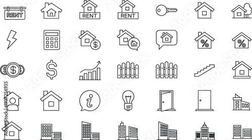 Real estate icons, property management, housing market, mortgage rate, rental sign, financial chart, home value, building design, investment, housing