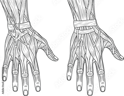 Human anatomy illustration, hand muscles tendons dorsal view, extensor structures wrist finger movement, medical physiology orthopedics education science diagram art