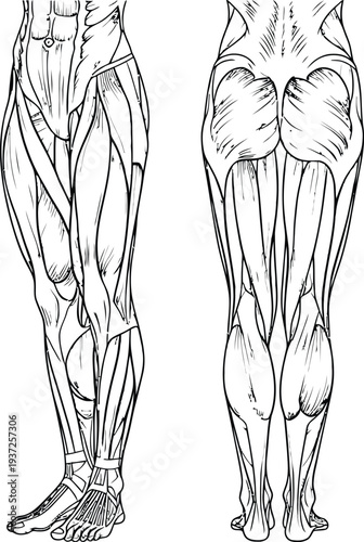 Human anatomy illustration, lower body muscles, anterior posterior view, quadriceps hamstrings gluteal calf foot, medical physiotherapy sports science art
