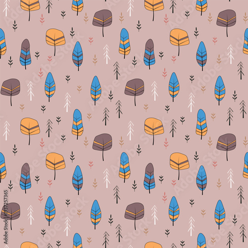 Seamless pattern with trees, plants. Color vector background. Spring, autumn tree for your design. Eco idea concept. Print design for wallpapers, fabric, textile.