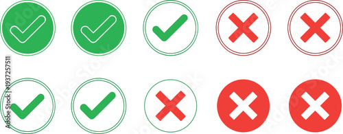 Check mark and cross icons collection, approval and rejection symbols, yes no validation vector illustration set