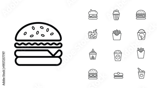 Fast food burger line icon collection with cheeseburger and takeaway meal symbols
