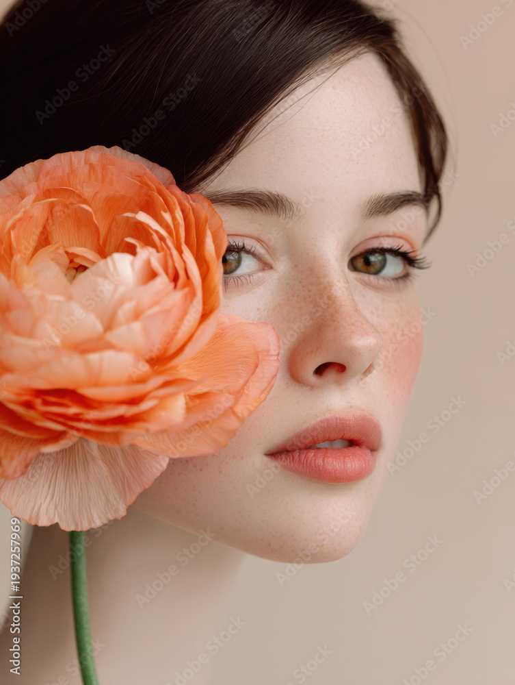 Fototapeta premium Portrait of Woman with Peach Ranunculus Flower - Soft Natural Beauty, Freckles, Minimalist Aesthetic