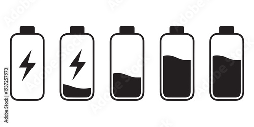Battery Level Indicator Icons Collection, Minimal Black Battery Line Art Set