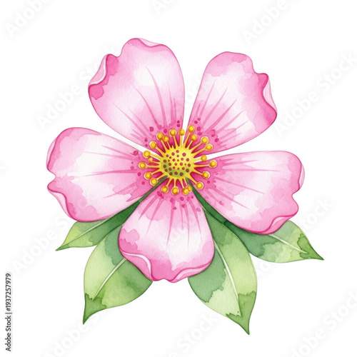 A delicate pink flower with green leaves and a yellow center