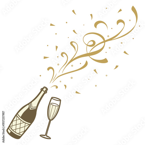 Champagne bottle and glass with confetti