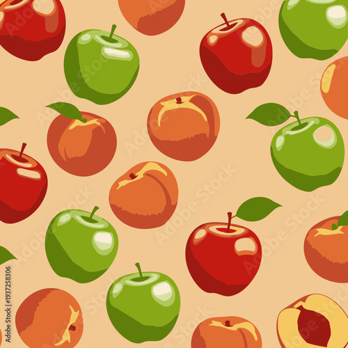 Apples and peaches in a seamless pattern on a light beige background. Realistic, whole fruits are arranged in a repeating pattern.