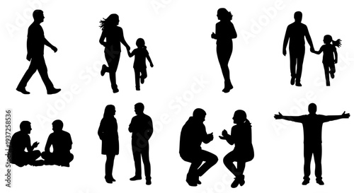 People silhouettes set with various poses and actions featuring figures, humans, characters with gestures and movements