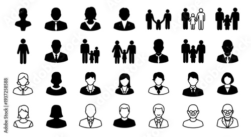 Avatars icon set representing diverse people and family units for profiles and user interfaces featuring person
