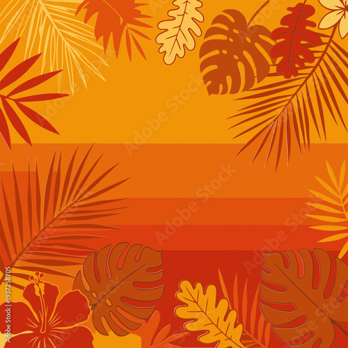 Tropical leaf and flower design with warm color palette. Abstract botanical illustration with a gradient orange-red background.