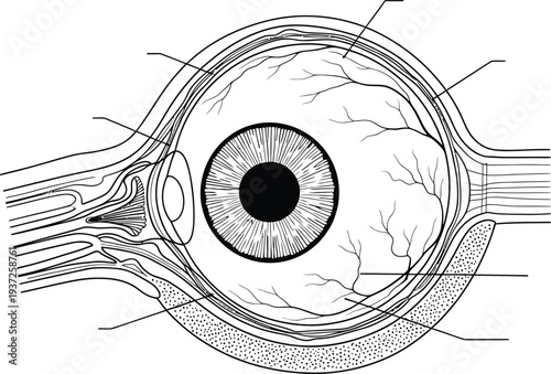 Human eye anatomy illustration, cross-section, cornea, iris, lens, retina, optic nerve, blood vessels, medical diagram, biology chart, science education, vision system