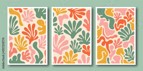 Set of three abstract aesthetic posters with organic botanical shapes in matisse cut out style for wall art