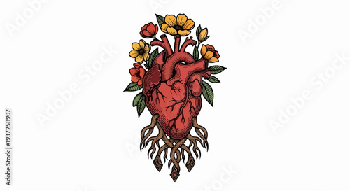 Anatomical heart with flowers leaves and rooted tendrils illustration