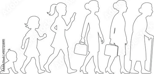 Line art illustration depicting human development through different life stages