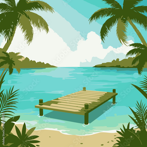 Tropical beach scene with wooden dock in shallow water. Vibrant illustration of a peaceful, idyllic waterfront setting.