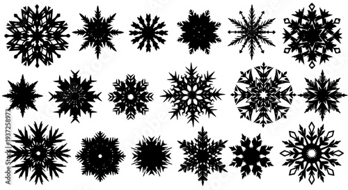Snowflakes intricate set with detailed patterns and varying designs featuring winter, cold, ice with frost and snow