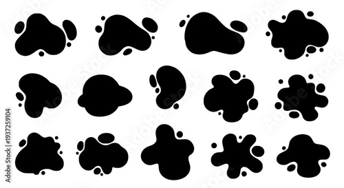 Blotches black ink set with varied shapes and sizes featuring abstract, design, graphic with elements and stains