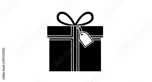 Gift box with ribbon and tag icon, simple black and white graphic element for celebrations and commerce.