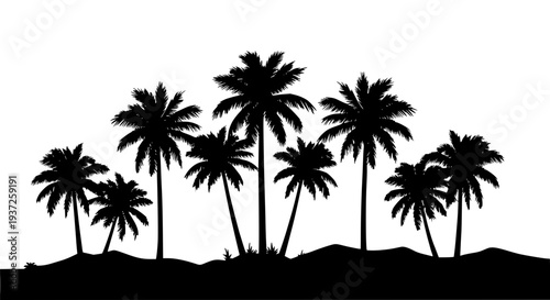 Palm trees tropical island silhouette with sunset background featuring nature, beach, vacation with holiday and travel