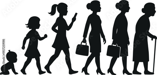 Silhouette depicting the stages of a woman s life from baby to elderly