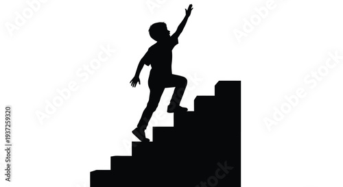 A young boy climbs stairs reaching upwards in a dark silhouette